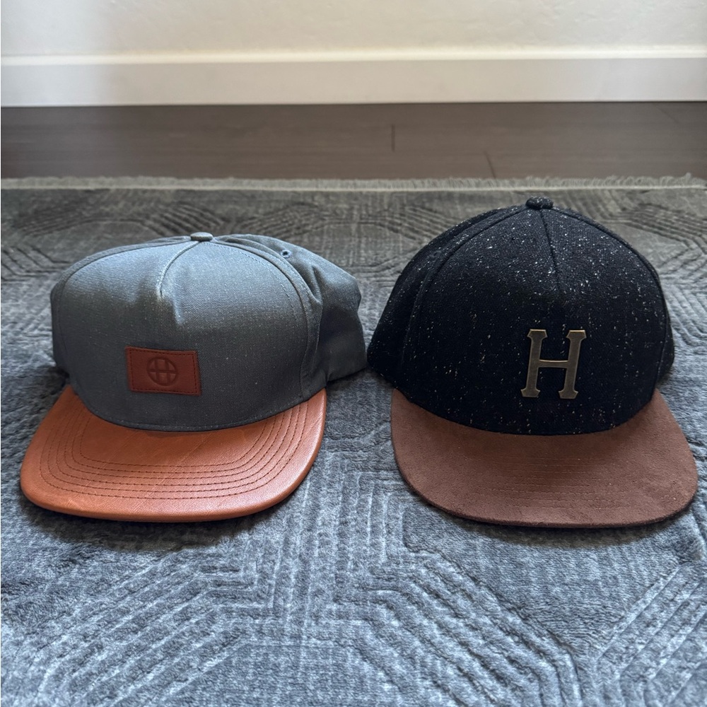 Lot of 2 HUF Gray and Black Baseball Caps with Brown Brims SnapBack OSFM